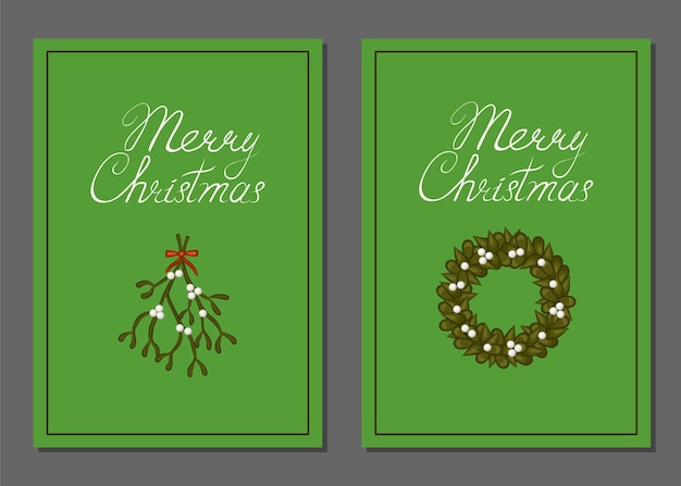 Merry Christmas. A set of greeting cards with a wreath and a sprig of white mistletoe