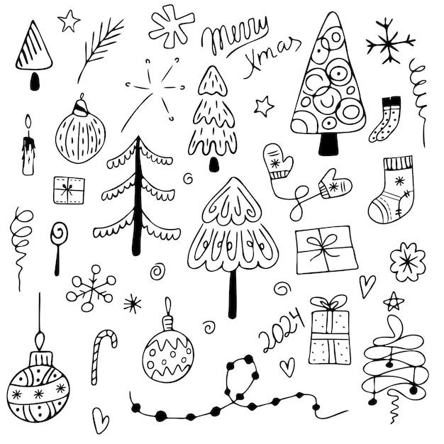 Vector merry christmas set holiday hand drawn doodle xmas characters and decorations card coloring new year