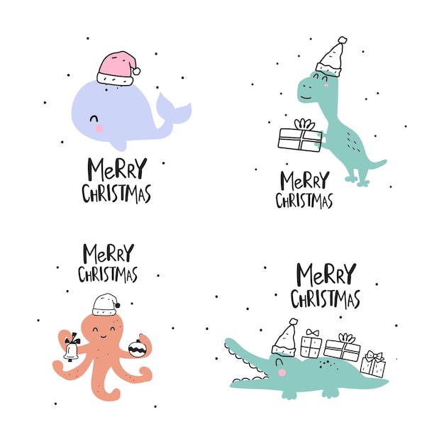Счастливого рождества набор милых животных рисованной иллюстрации для печати плакатов поздравительных открыток