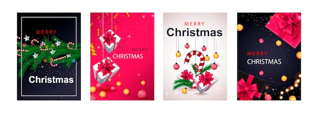 Merry christmas set of posters or flyers greeting cards design with tree branch and christmas ball