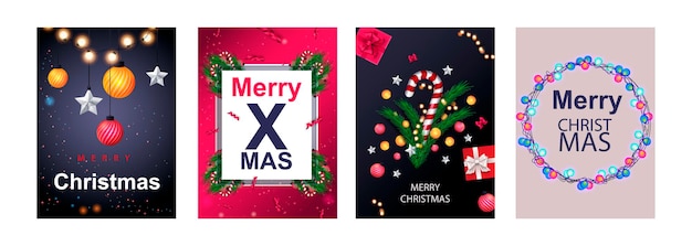 Vector merry christmas set of posters or flyers greeting cards design with tree branch and christmas ball