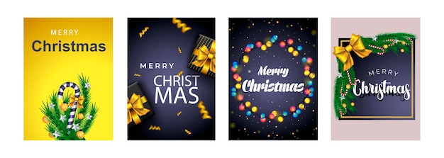 Merry Christmas set of posters or flyers greeting cards design with tree branch and Christmas ball