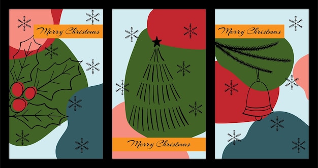 Merry Christmas Set van drie hand getrokken wenskaarten Vakantie illustratie in doodle stijl vectorillustratie