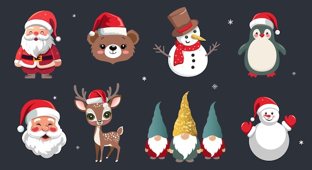 merry christmas set with santa winter animals in hats gnomes winter characters set for banner card