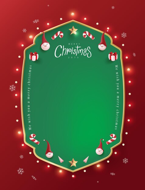 Vettore cornice per banner con cartello di buon natale con spazio vuoto e decorazioni festive su sfondo rosso