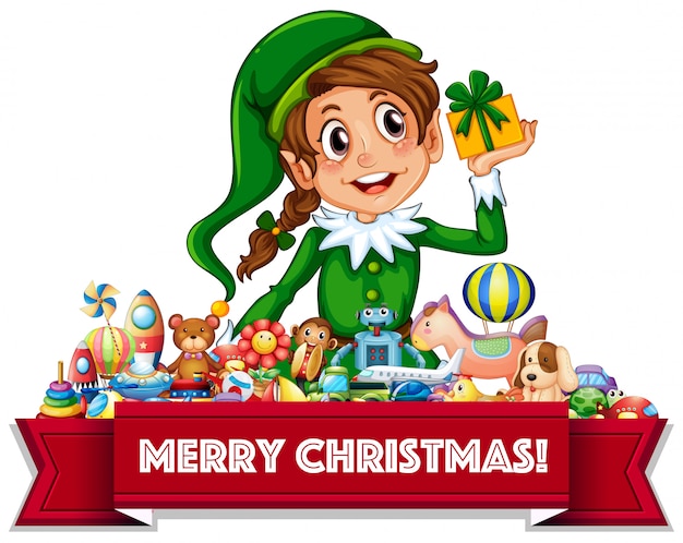 Merry christmas sign with elf and toys