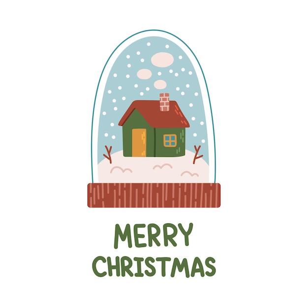 Merry christmas snow globe lettering design piatto isolato illustrazione vettoriale