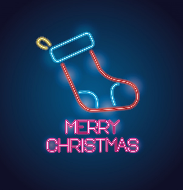 Merry christmas sock with neon lights greeting card