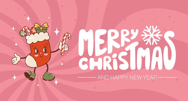 Merry Christmas stocking cute character dancing Horizontal banner Lollipops gift candy cane Old retro cartoon style lettering holiday illustration For advertising website poster sale flyer