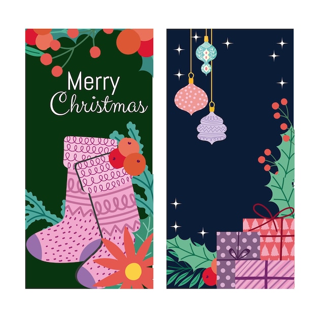 Merry christmas stocking flower balls and gifts banner