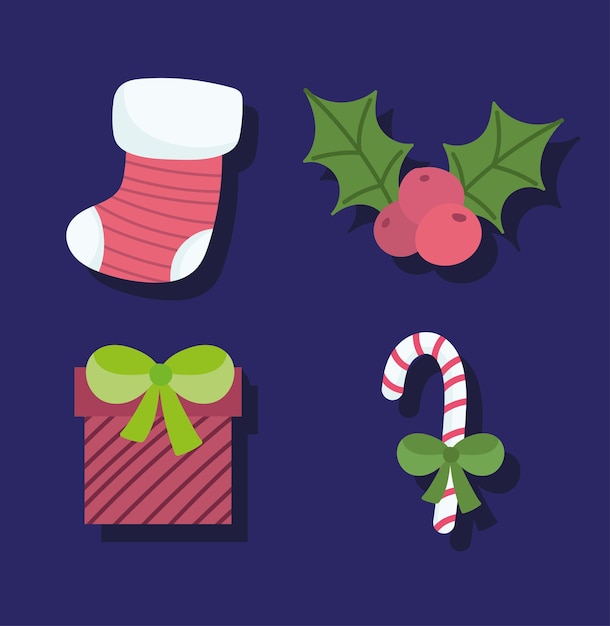 Merry christmas, stocking gift candy cane and holly berry icons dark background vector illustration