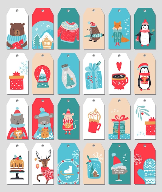 Merry Christmas-tags instellen. Vectorillustratie. Feestelijke winterlabelcollectie