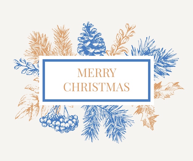 merry Christmas-tekst in blauw Frame met takken van de kerstboom.