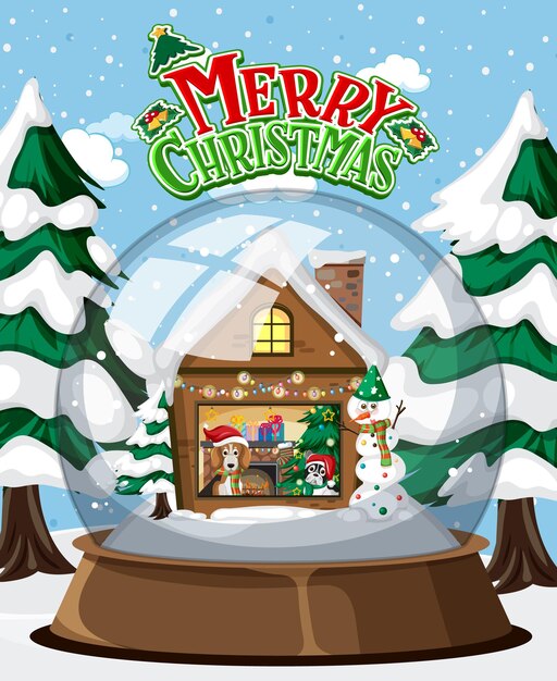 Merry Christmas tekst logo met huis in glazen koepel winter