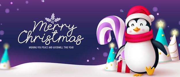 Merry christmas tekst vector design Christmas wenskaart met pinguïn karakter en snoepgoed