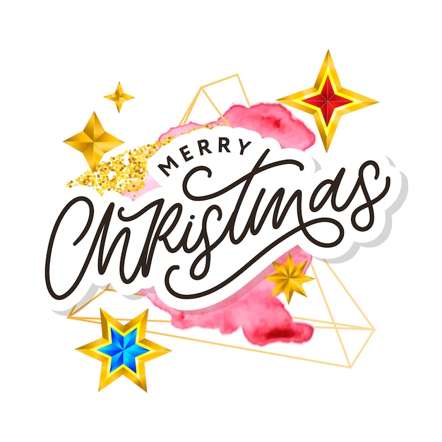 Merry christmas-tekst versierd met handgetekende letters met gouden sterren. wenskaart ontwerpelement. vector typografie.