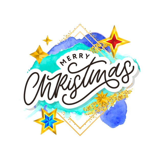 Merry Christmas-tekst versierd met handgetekende letters met gouden sterren. Wenskaart ontwerpelement. Vector typografie.