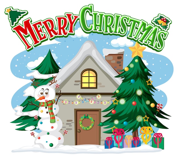 Merry christmas-tekstlogo met winterhuis en decoraties