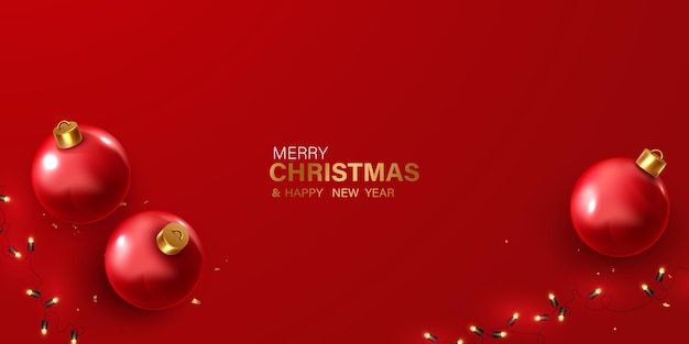 美しく配置されたクリスマス ボールと赤の背景にメリー クリスマス テンプレート デザイン