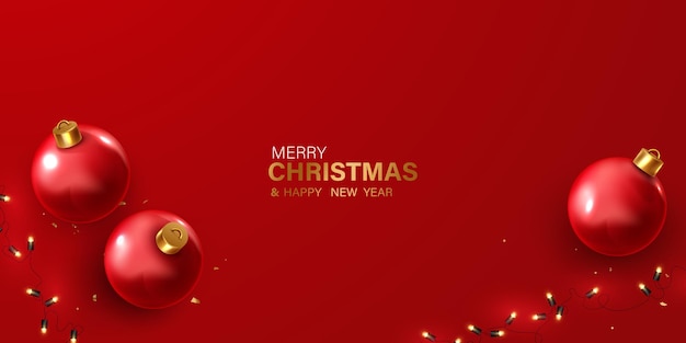 Merry christmas template design su sfondo rosso con palline di natale ben disposte