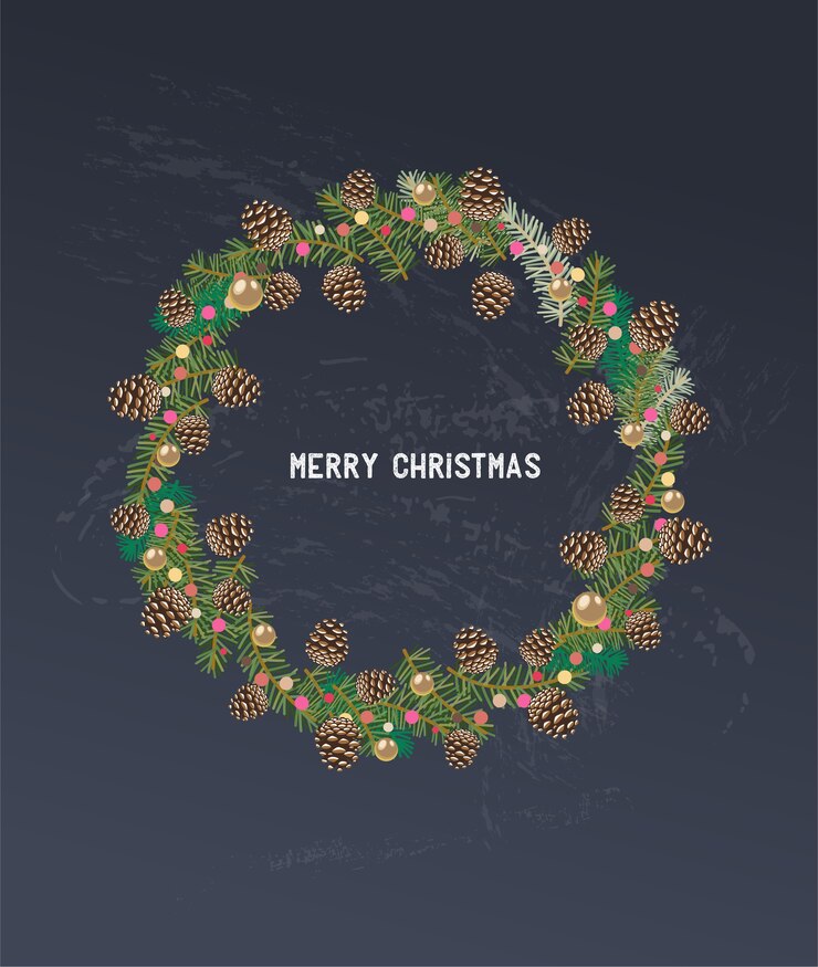 Merry Christmas template with a frame made from fir tree branches and cones. 