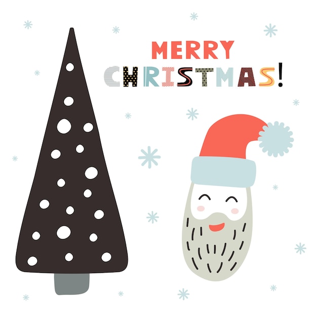 인사말 카드 엽서에 대 한 소나무와 산타 머리 배경 메리 크리스마스 템플릿