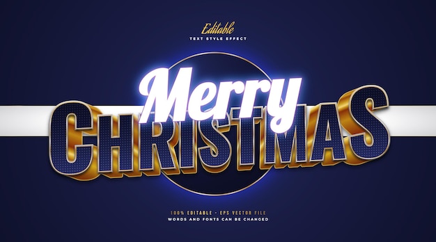 Merry christmas text in blue and gold style with glowing blue neon effect. editable text style effect