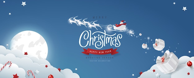 Merry Christmas text Calligraphic Lettering and Santa Claus on the sky