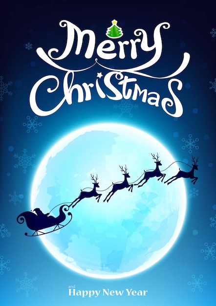 Merry Christmas text calligraphy art with the silhouette of Santa and reindeer are flying in the night sky, Abstract background Scenic Christmas landscape with big moon against snow falling