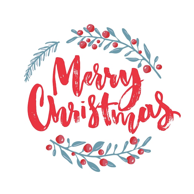 Merry christmas text decorated with hand drawn branches with red berries. greeting card design element. red brush lettering. vector typography.