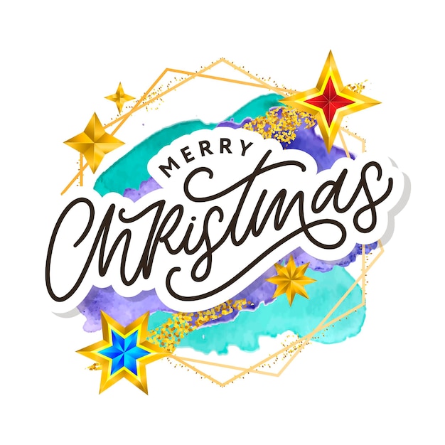 Vector merry christmas text decorated with hand drawn lettering with gold stars. greeting card design element. vector typography.