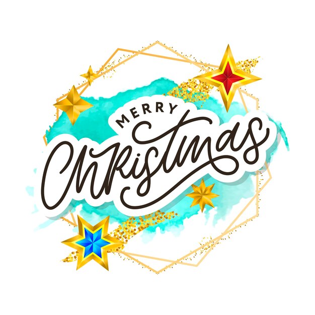 Merry Christmas text decorated with hand drawn lettering with gold stars. Greeting card design element. Vector typography.