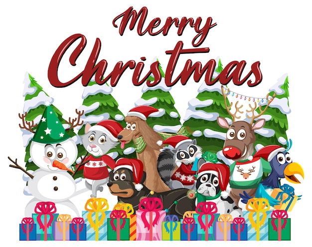 Vector merry christmas text design with cute animals