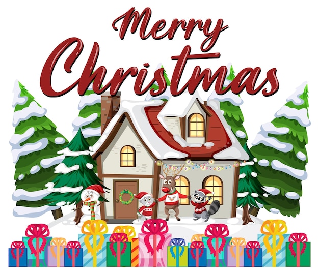 Merry christmas text design with winter house and tree