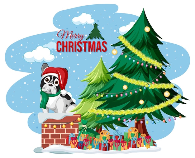 Merry christmas text logo with christmas tree and cute dogs