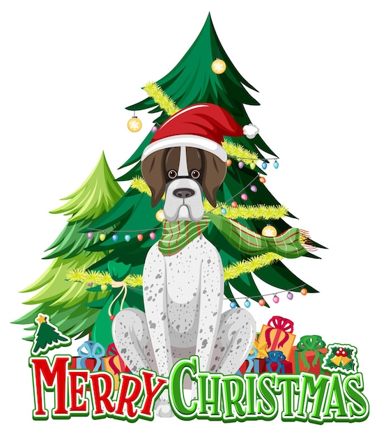 크리스마스 트리와 귀여운 강아지가 있는 메리 크리스마스 텍스트 로고
