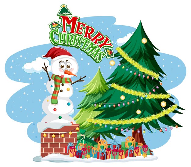 Merry christmas text logo with snowman and christmas tree