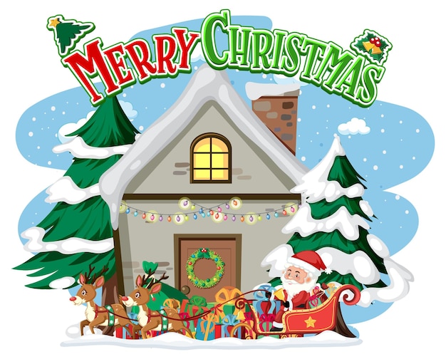 Merry Christmas text logo with winter house and decorations