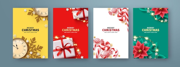 Vector merry christmas text poster set design. christmas holiday gift card lay out collection for xmas