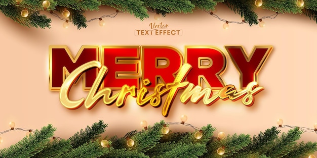 Vector merry christmas text shiny gold color style editable text effect