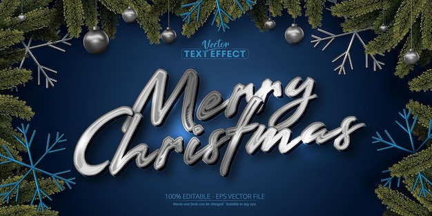 Merry christmas text shiny silver color style editable text effect