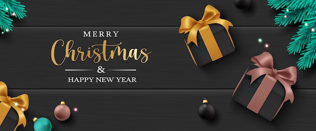 Merry christmas text vector background design Christmas greeting card with gift box decoration