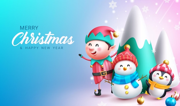 Merry christmas text vector design Christmas elf snow man and penguin cute characters with snow