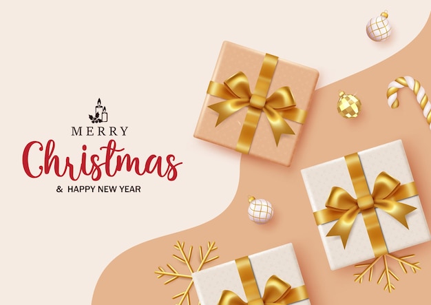 Merry christmas text vector design Christmas gifts box elements in elegant gold color ribbon