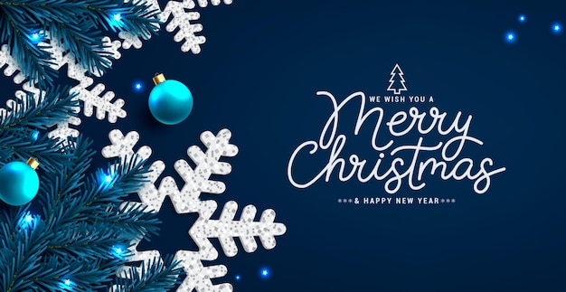 메리 크리스마스 텍스트 벡터 디자인 눈 조각과 소나무 가문비나무가 있는 크리스마스 인사말 카드