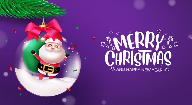 Merry christmas text vector design Christmas santa claus character in glass crystal ball hanging