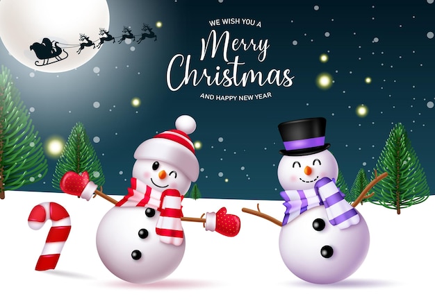 Merry christmas text vector design Christmas snow man characters in xmas eve snow frost outdoor