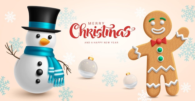 Merry christmas text vector design Christmas snow man and ginger bread characters with snowflakes