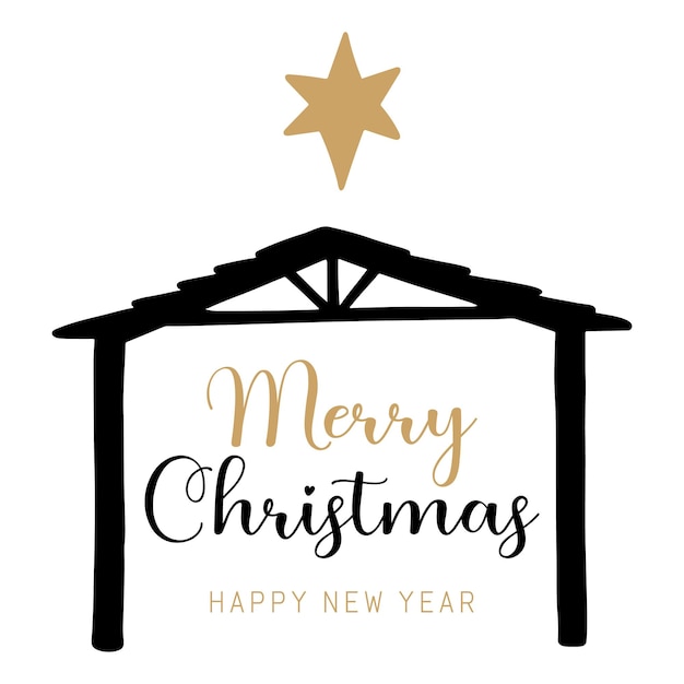 Merry Christmas text vector, holiday text illustration, gold christmas art, Bethlehem nativity scene