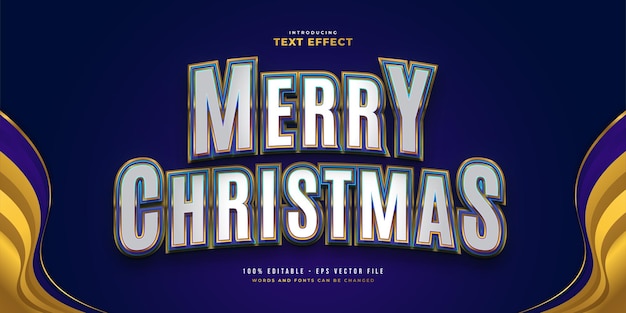 Merry christmas text in white, blue and gold style with 3d and curved effect. editable text style effect